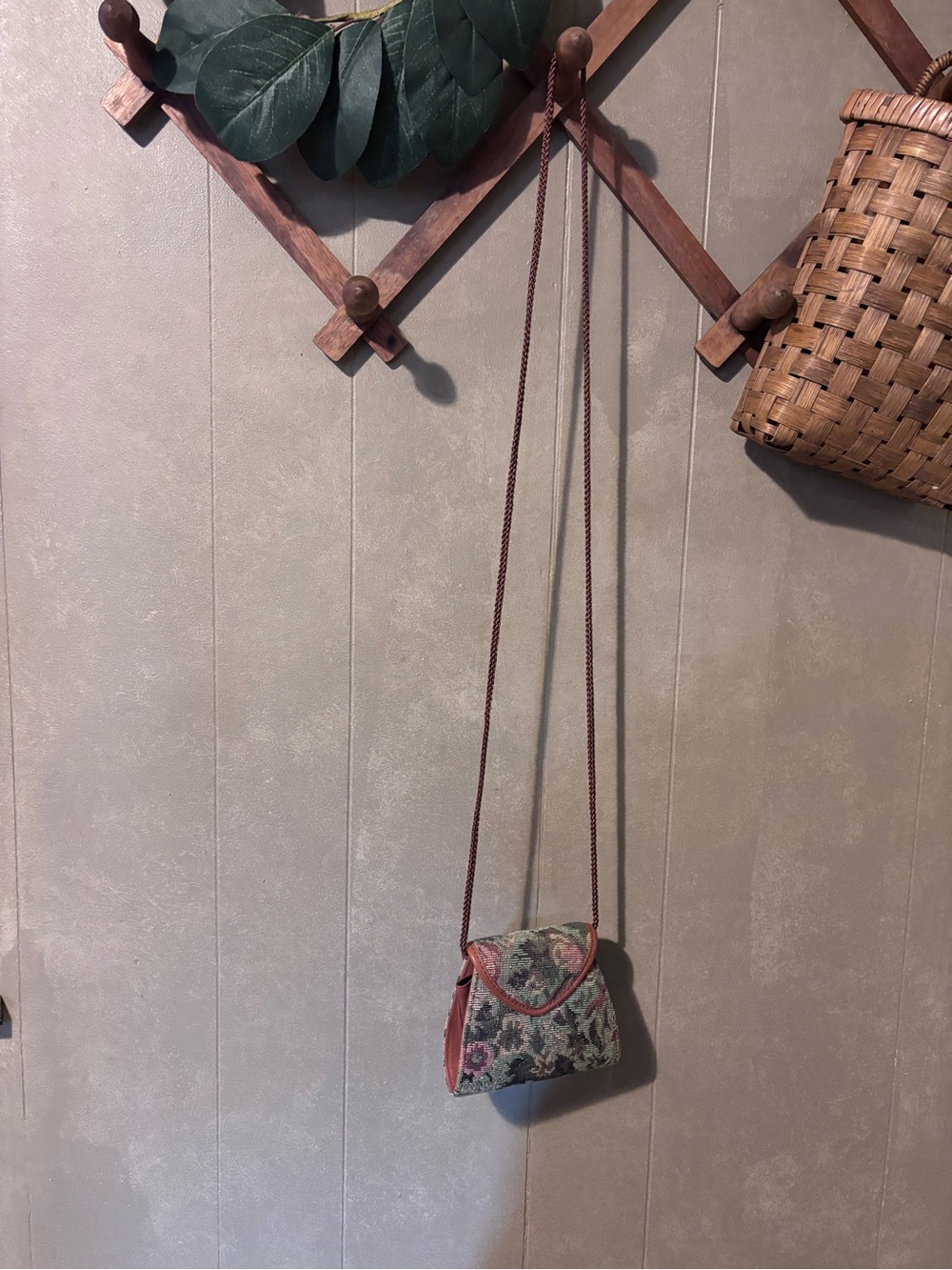 Rolfs Tapestry Green Floral Woven Crossbody with Brown Leather Trim